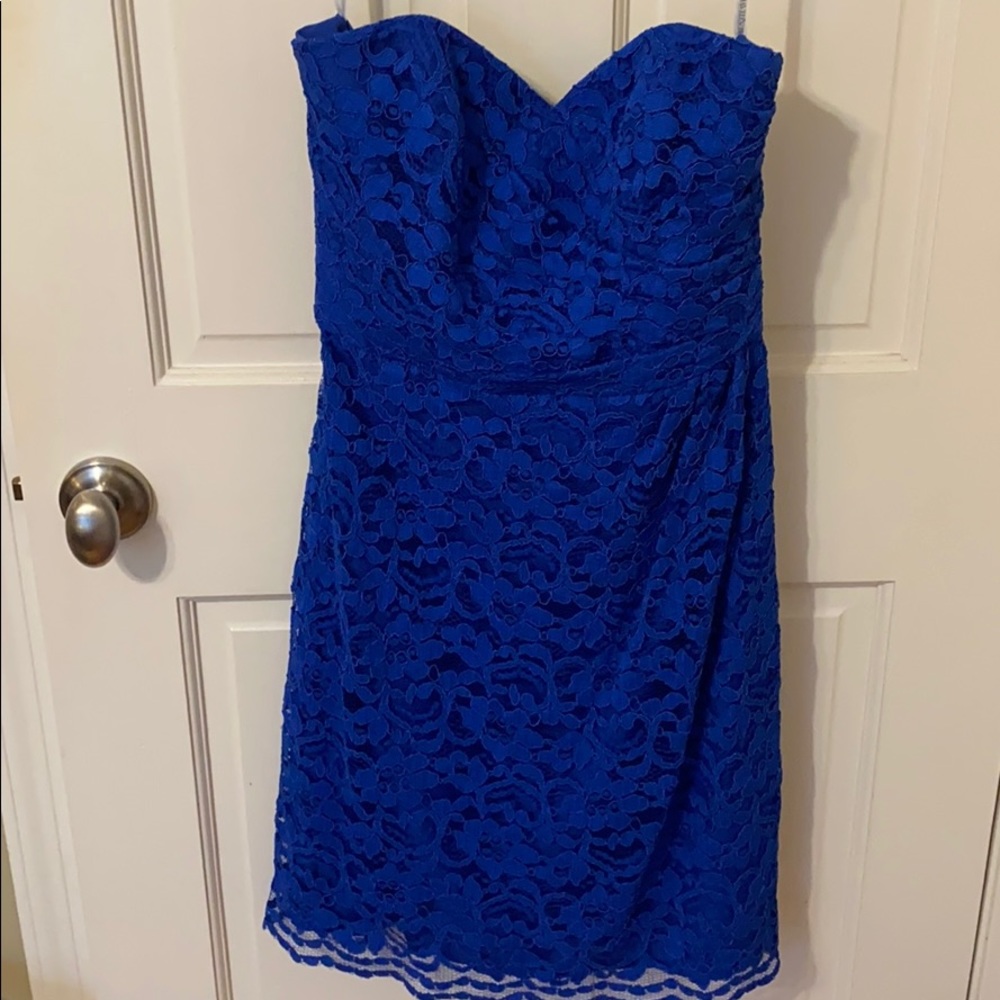 David’s Bridal Blue strapless dress with lace